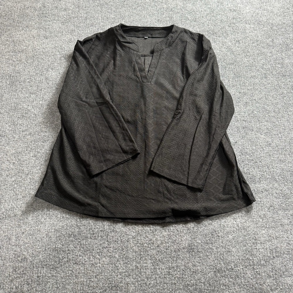 Women's Black Textured V-Neck Tunic Top 3/4 Sleeve Roll Tab Casual Blouse-2X